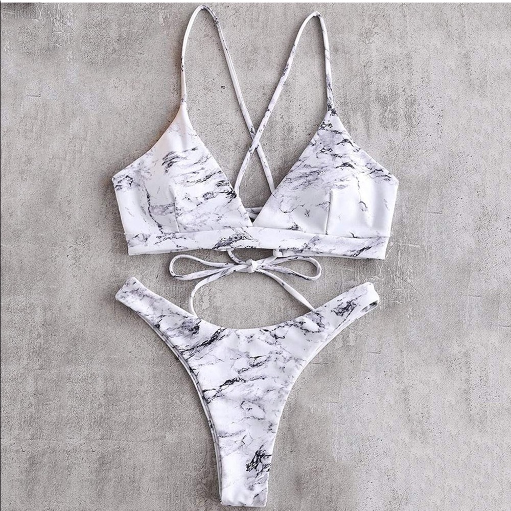 ZAFUL Marble Print Crisscross Lace-up Tie Back Bikini